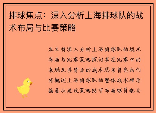 排球焦点：深入分析上海排球队的战术布局与比赛策略