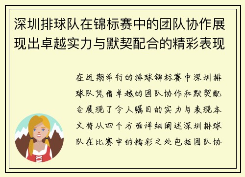 深圳排球队在锦标赛中的团队协作展现出卓越实力与默契配合的精彩表现